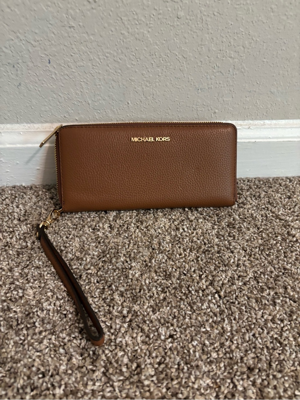 Michael Kors Cognac Brown Leather Wristlet Wallet with Gold Accents